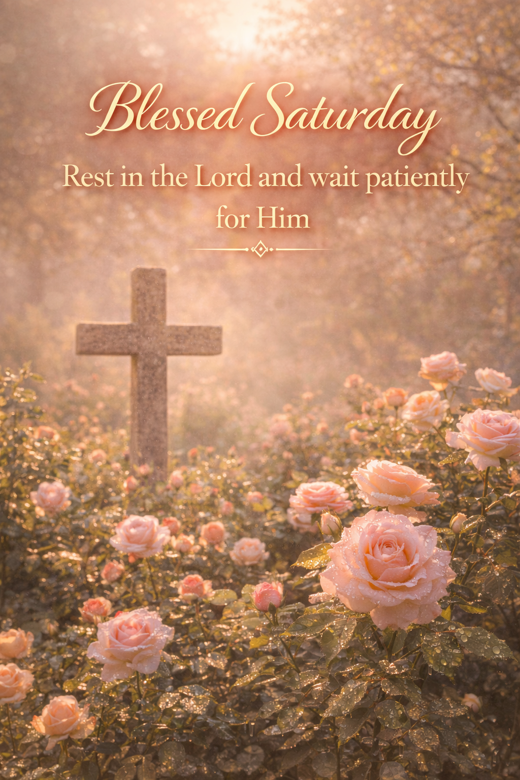Peaceful garden with roses and stone cross, soft morning light, "Blessed Saturday — Rest in the Lord and wait patiently for Him" in elegant gold — WhatsApp